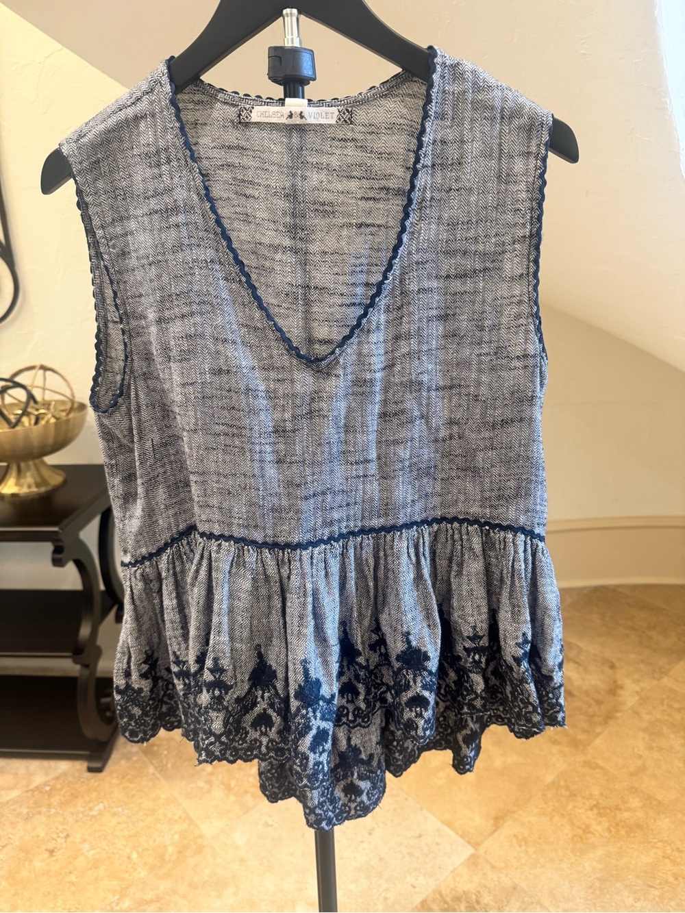 Sleeveless Flowy Blue Embroidered Peplum V-Neck Top